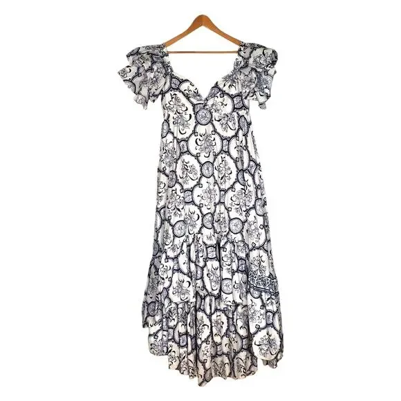 Andres Otalora Raquira Off The Shoulder Printed Cotton Maxi Dress Blue Size 6